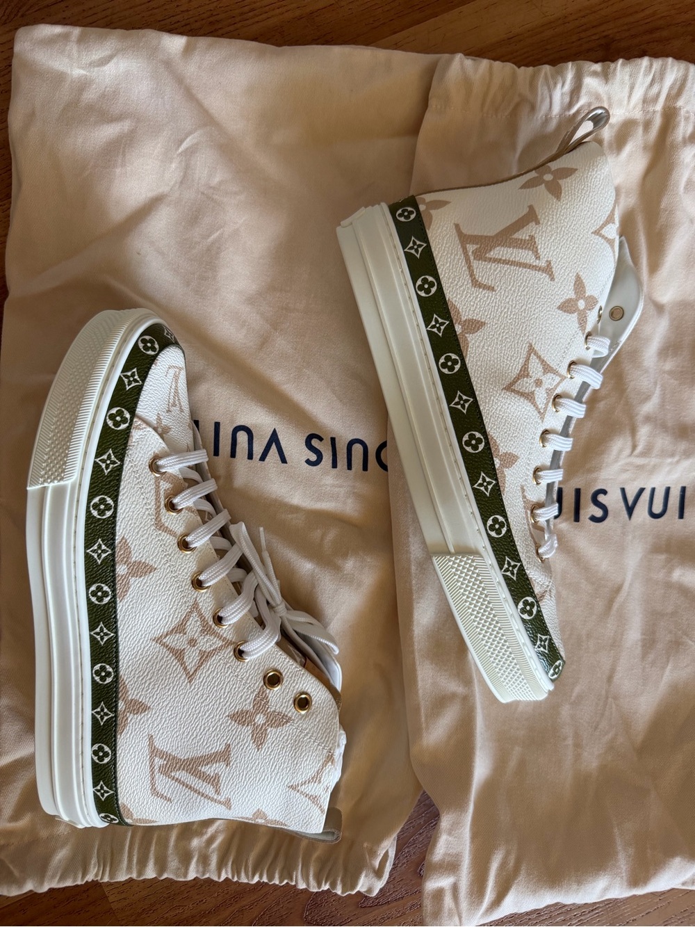 Louis Vuitton White, Beige & Olive Green High-Top Sneakers